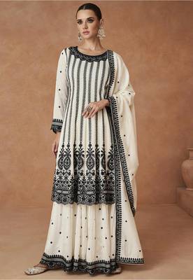 Cream embroidered work silk bland fabric kurta palazzo with dupatta. 4