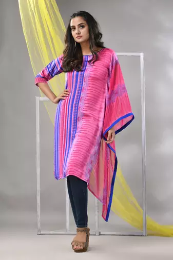 Pink printed satin asymmetrical straight kurta
