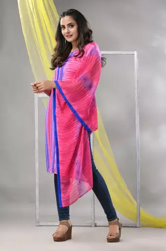 Pink printed satin asymmetrical straight kurta