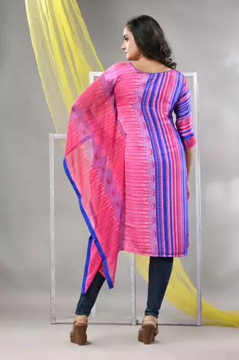 Pink printed satin asymmetrical straight kurta