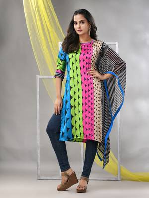 Multicolor printed satin asymmetrical straight kurta 1