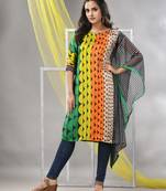 Multicolor printed satin asymmetrical straight kurta