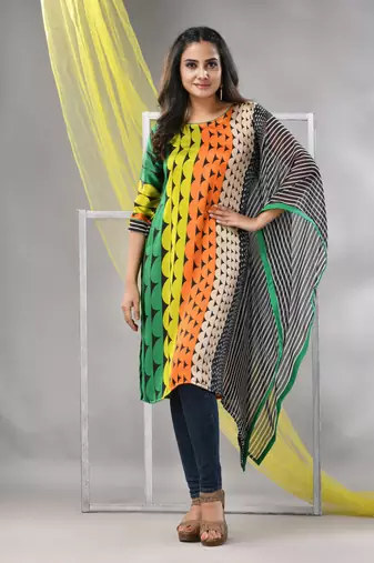 Multicolor printed satin asymmetrical straight kurta