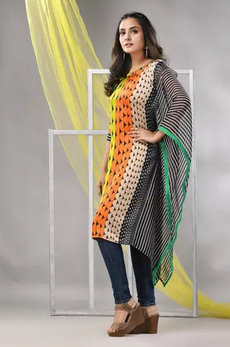 Multicolor printed satin asymmetrical straight kurta