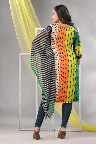 Multicolor printed satin asymmetrical straight kurta