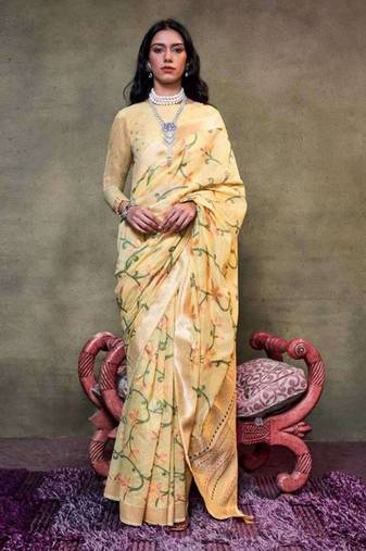 Light Yellow Colour Mulmul Cotton Printed Lightwear Saree