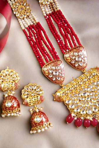 	Red designer floral meenakari kundan studed onyx stone multilayer necklace set with earrings