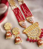	Red designer floral meenakari kundan studed onyx stone multilayer necklace set with earrings