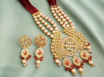Red DESIGNER FLORAL MEENAKARI KUNDAN STUDED ONYX STONE MULTILAYER NECKLACE SET WITH EARRINGS 1