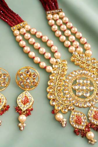 Red DESIGNER FLORAL MEENAKARI KUNDAN STUDED ONYX STONE MULTILAYER NECKLACE SET WITH EARRINGS