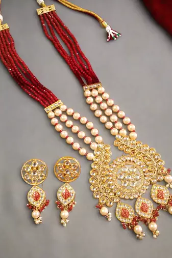 Red DESIGNER FLORAL MEENAKARI KUNDAN STUDED ONYX STONE MULTILAYER NECKLACE SET WITH EARRINGS