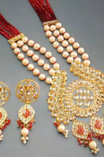 Red DESIGNER FLORAL MEENAKARI KUNDAN STUDED ONYX STONE MULTILAYER NECKLACE SET WITH EARRINGS