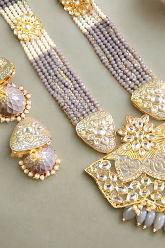 Gold designer floral meenakari kundan studed onyx stone multilayer necklace set with earrings