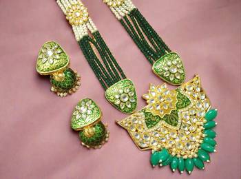 Green designer floral meenakari kundan studed onyx stone multilayer necklace set with earrings 1