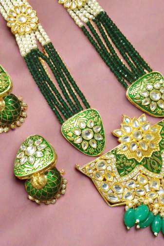 Green designer floral meenakari kundan studed onyx stone multilayer necklace set with earrings