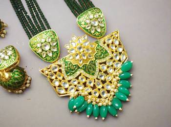 Green designer floral meenakari kundan studed onyx stone multilayer necklace set with earrings 2