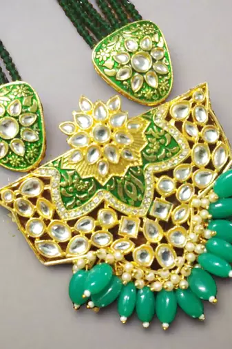 Green designer floral meenakari kundan studed onyx stone multilayer necklace set with earrings