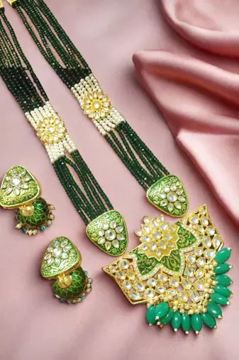 Green designer floral meenakari kundan studed onyx stone multilayer necklace set with earrings