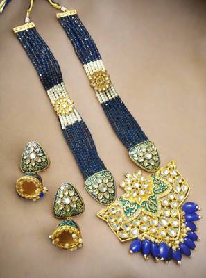 	Blue designer floral meenakari kundan studed onyx stone multilayer necklace set with earrings 1