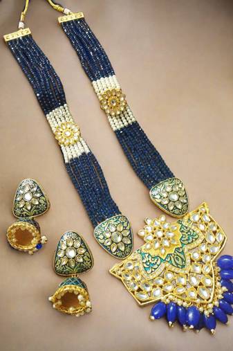 	Blue designer floral meenakari kundan studed onyx stone multilayer necklace set with earrings