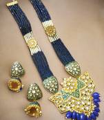 	Blue designer floral meenakari kundan studed onyx stone multilayer necklace set with earrings