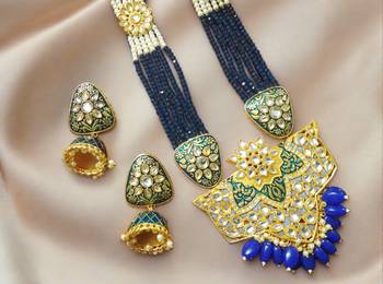 	Blue designer floral meenakari kundan studed onyx stone multilayer necklace set with earrings 2