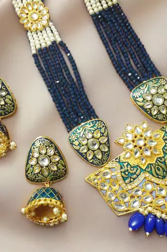	Blue designer floral meenakari kundan studed onyx stone multilayer necklace set with earrings