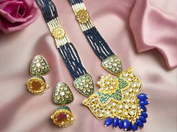 	Blue designer floral meenakari kundan studed onyx stone multilayer necklace set with earrings 3