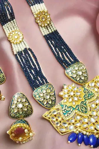 	Blue designer floral meenakari kundan studed onyx stone multilayer necklace set with earrings