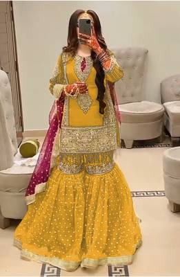 YELLOW EMBROIDERED GEORGETTE PALAZZO STYLE SALWAR SUIT 1