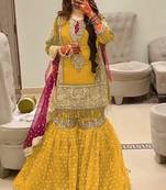YELLOW EMBROIDERED GEORGETTE PALAZZO STYLE SALWAR SUIT