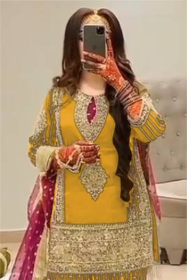 YELLOW EMBROIDERED GEORGETTE PALAZZO STYLE SALWAR SUIT 2