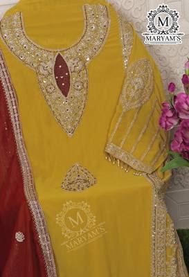 YELLOW EMBROIDERED GEORGETTE PALAZZO STYLE SALWAR SUIT 4