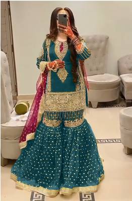 TEAL BLUE EMBROIDERED GEORGETTE PALAZZO STYLE SALWAR SUIT 1