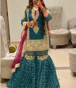TEAL BLUE EMBROIDERED GEORGETTE PALAZZO STYLE SALWAR SUIT