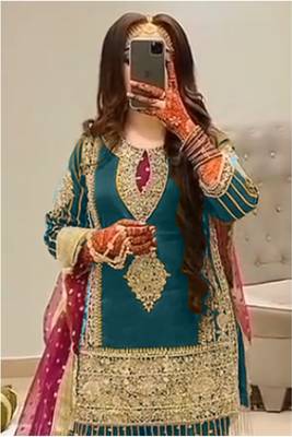 TEAL BLUE EMBROIDERED GEORGETTE PALAZZO STYLE SALWAR SUIT 2