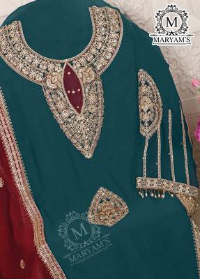 TEAL BLUE EMBROIDERED GEORGETTE PALAZZO STYLE SALWAR SUIT 4