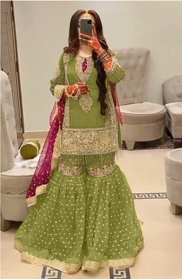 LITE GREEN EMBROIDERED GEORGETTE PALAZZO STYLE SALWAR SUIT 1