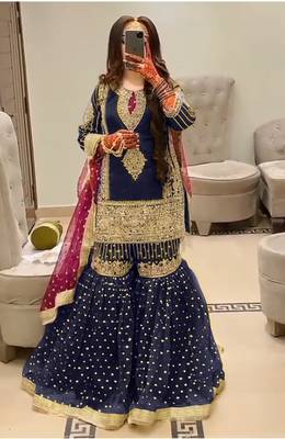 NAVY BLUE EMBROIDERED GEORGETTE PALAZZO STYLE SALWAR SUIT 1