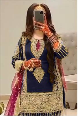 NAVY BLUE EMBROIDERED GEORGETTE PALAZZO STYLE SALWAR SUIT 2
