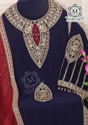 NAVY BLUE EMBROIDERED GEORGETTE PALAZZO STYLE SALWAR SUIT 4