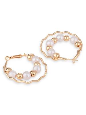latest fashion stylish gold plated lightweight round pearl hoop earrings for women/girls  2