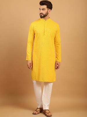 Yellow chikankari embroidery cotton kurta embellish work with aligarh pajama by treemoda 1