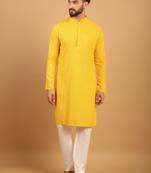 Yellow chikankari embroidery cotton kurta embellish work with aligarh pajama by treemoda