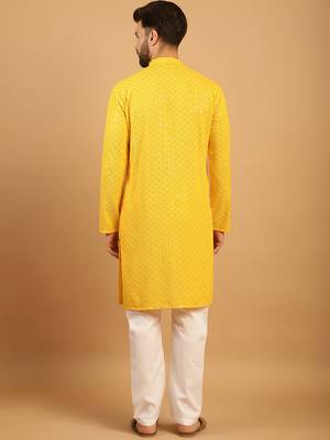 Yellow chikankari embroidery cotton kurta embellish work with aligarh pajama by treemoda 2