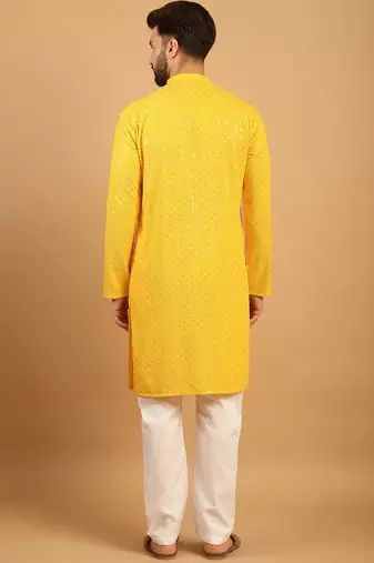 Yellow chikankari embroidery cotton kurta embellish work with aligarh pajama by treemoda