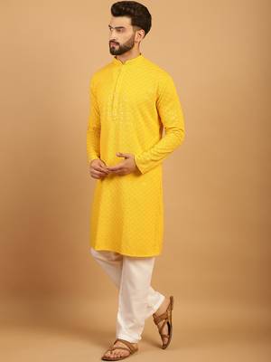 Yellow chikankari embroidery cotton kurta embellish work with aligarh pajama by treemoda 3