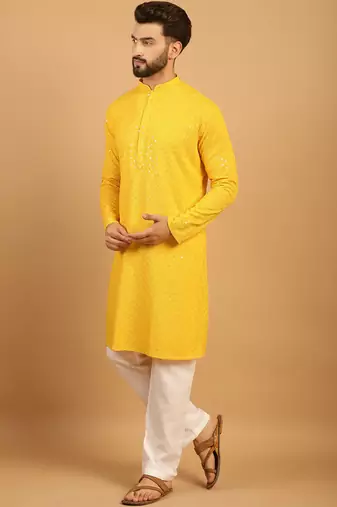 Yellow chikankari embroidery cotton kurta embellish work with aligarh pajama by treemoda