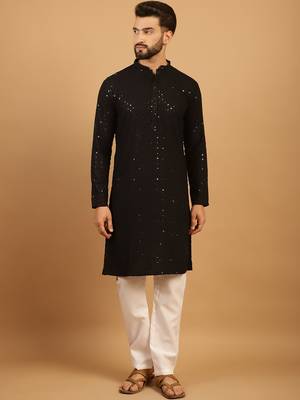 Black chikankari embroidery cotton kurta embellish work with aligarh pajama by treemoda 1