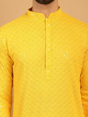 Yellow chikankari embroidery cotton kurta embellish work 4